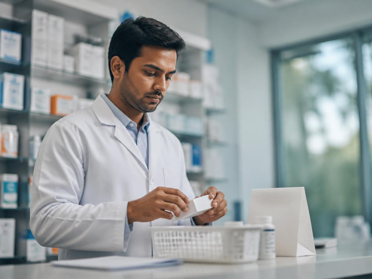 A pharmacist preparing a prescribed medicine order for dispatch
